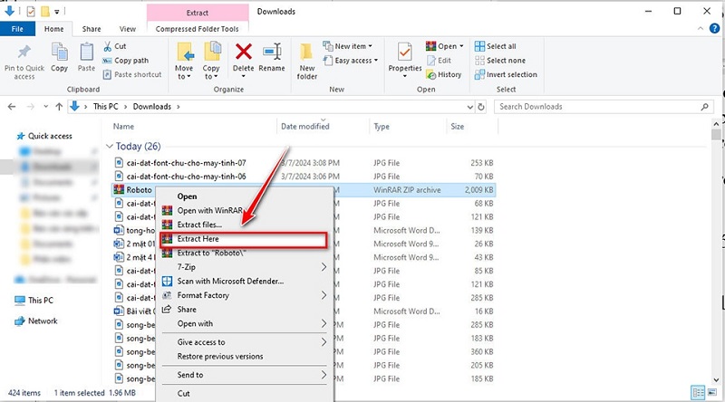 Xác định file font mà bạn đã tải về