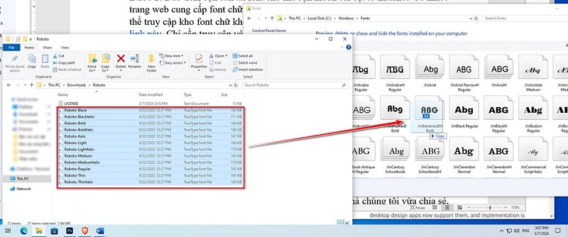 Kéo thả file font vừa tải vào thư mục Fonts