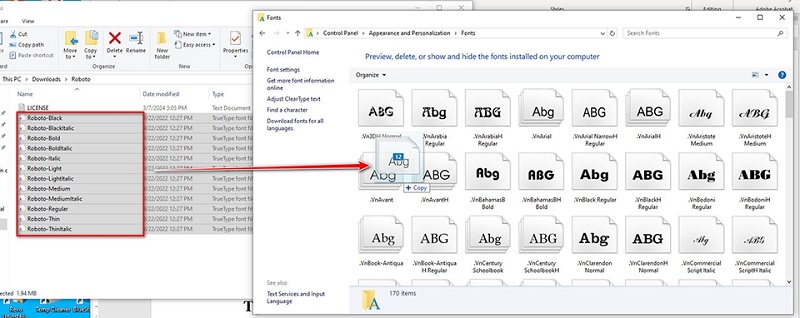 kéo thả file font chữ muốn cài đài