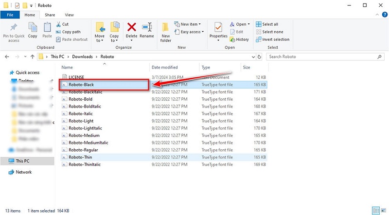 nhấp đúp vào file font có định dạng .ttf hoặc .otf