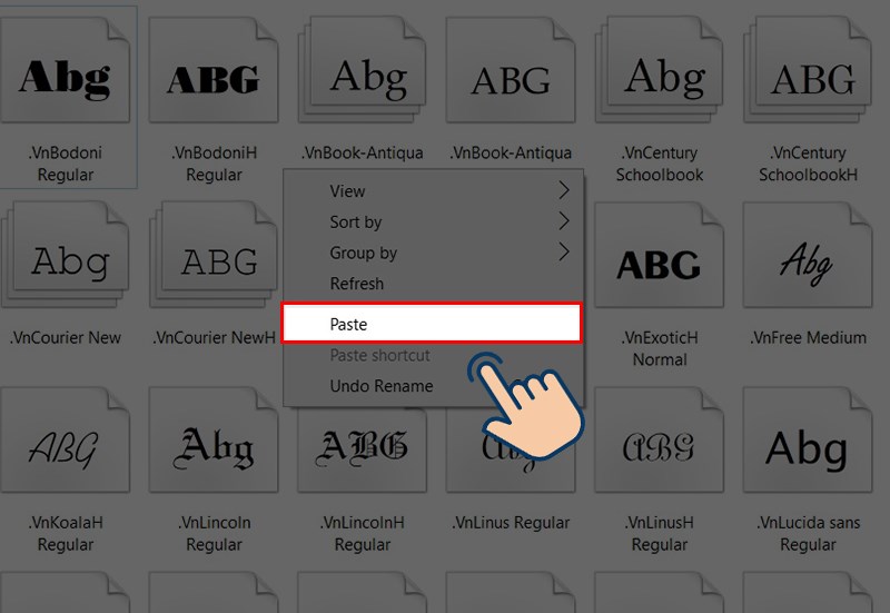 dán các font vừa sao chép vào thư mục Fonts