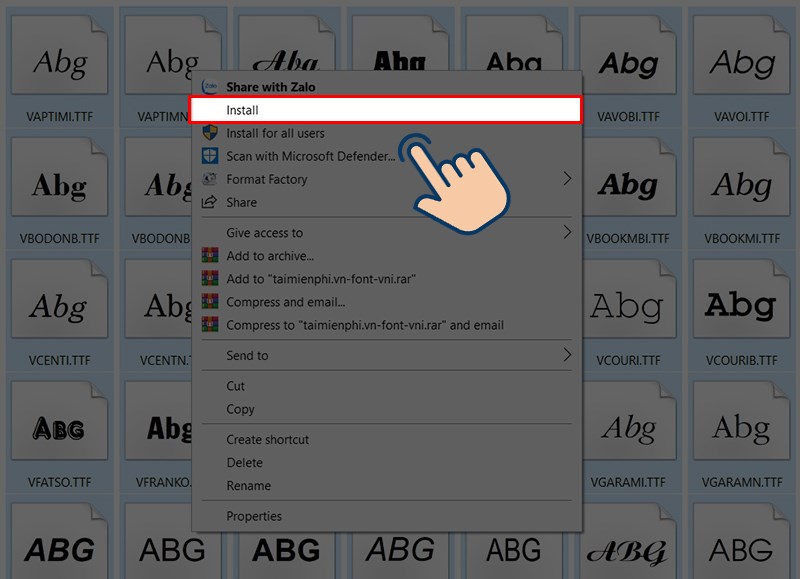 nhấn chuột phải vào các font đã chọn và chọn Install