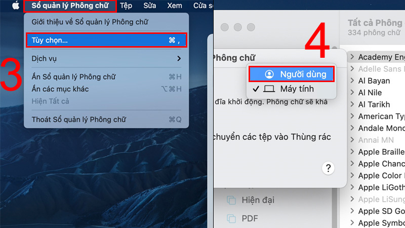 nhấn vào mục Tùy chọn rồi chọn vị trí cài đặt font