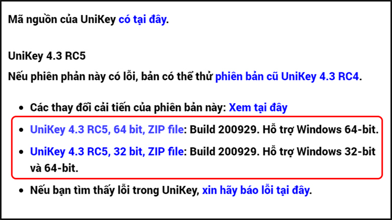 chọn phiên bản Unikey phù hợp và tải về