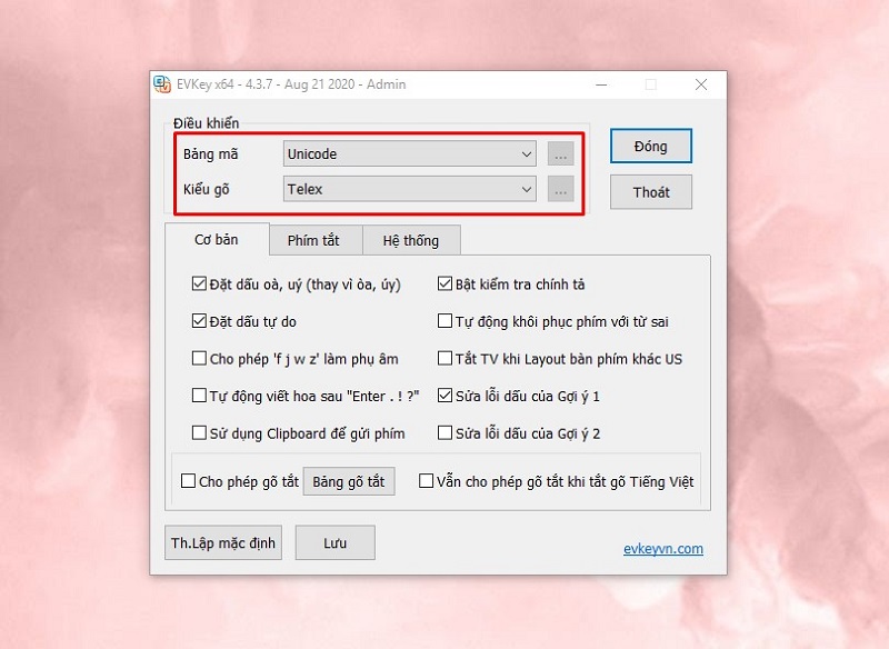 chọn bảng mã và kiểu gõ